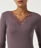 Sweetheart Neck Long Sleeve Contrast Lace Casual Top — Flint — view 4