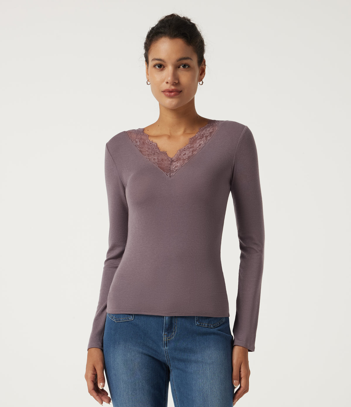 Sweetheart Neck Long Sleeve Contrast Lace Casual Top — Flint — view 1