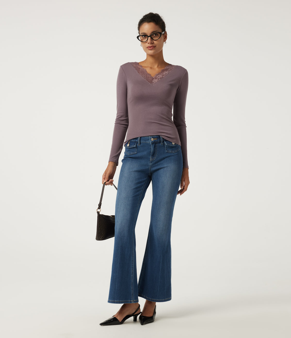 Sweetheart Neck Long Sleeve Contrast Lace Casual Top — Flint — view 6