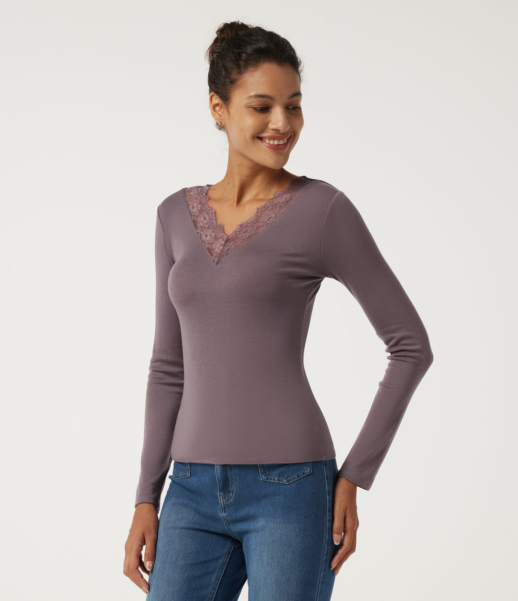 Sweetheart Neck Long Sleeve Contrast Lace Casual Top — Flint — view 3