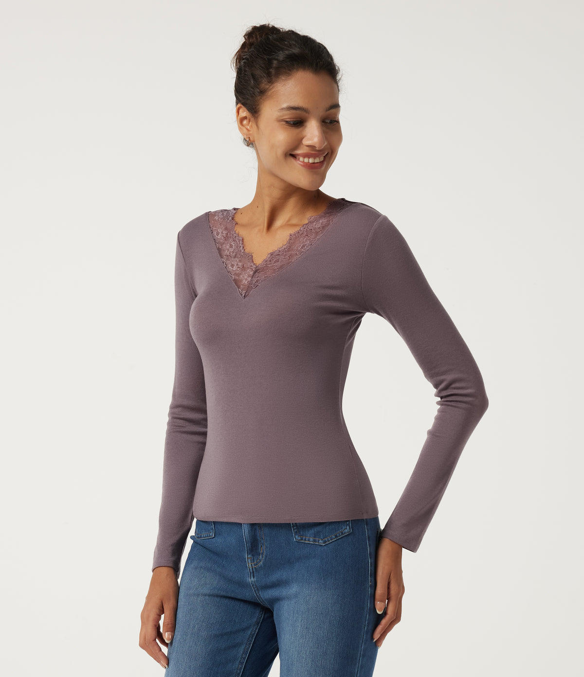Sweetheart Neck Long Sleeve Contrast Lace Casual Top — Flint — view 3