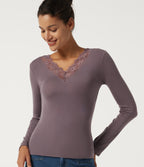 Sweetheart Neck Long Sleeve Contrast Lace Casual Top — Flint — view 5