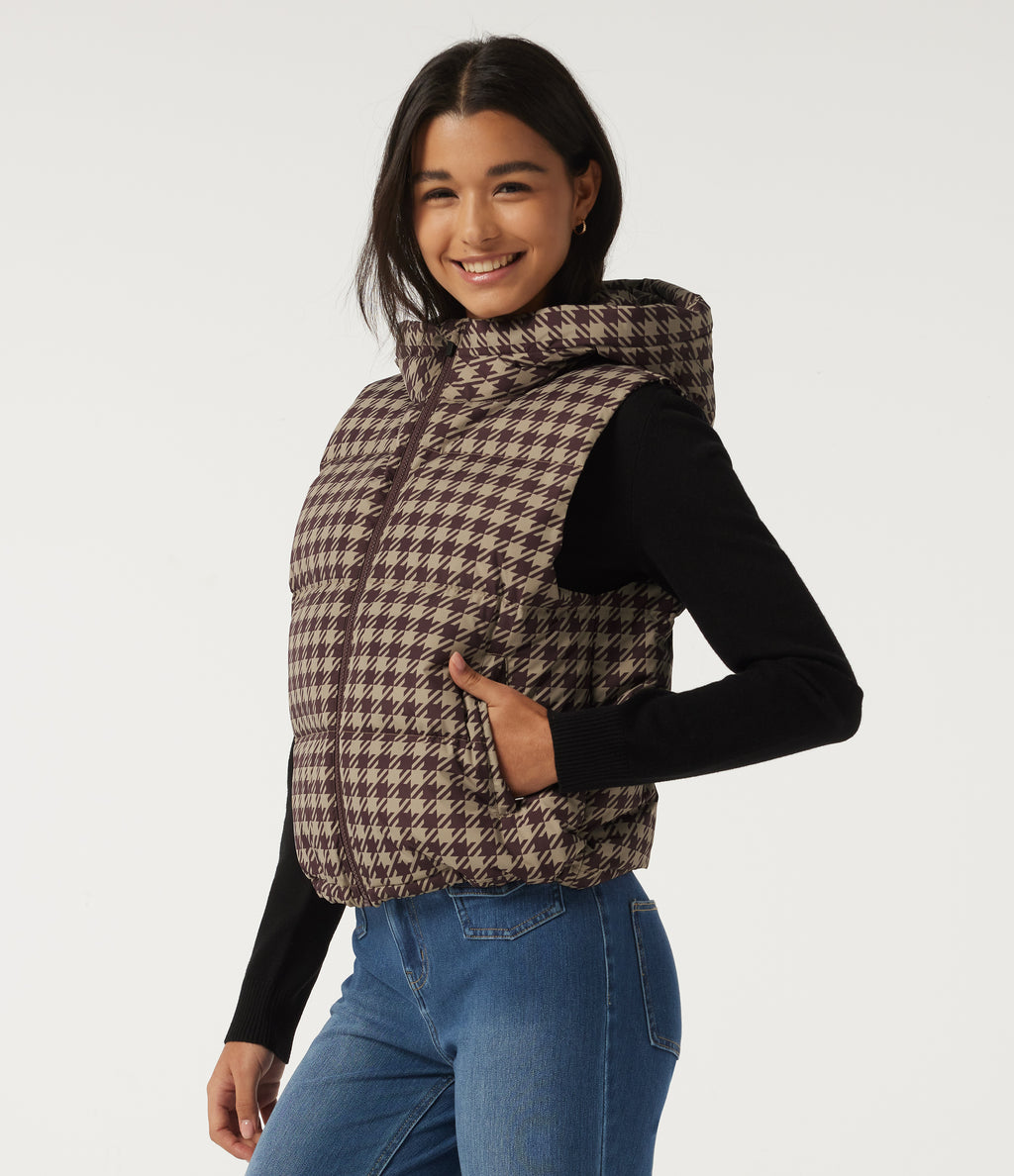 Hooded Quilted Print Casual Padded Vest with Pockets — Plum Jam Check — view 3