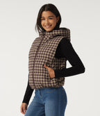 Hooded Quilted Print Casual Padded Vest with Pockets — Plum Jam Check — view 3