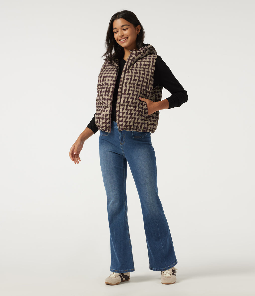 Hooded Quilted Print Casual Padded Vest with Pockets — Plum Jam Check — view 7