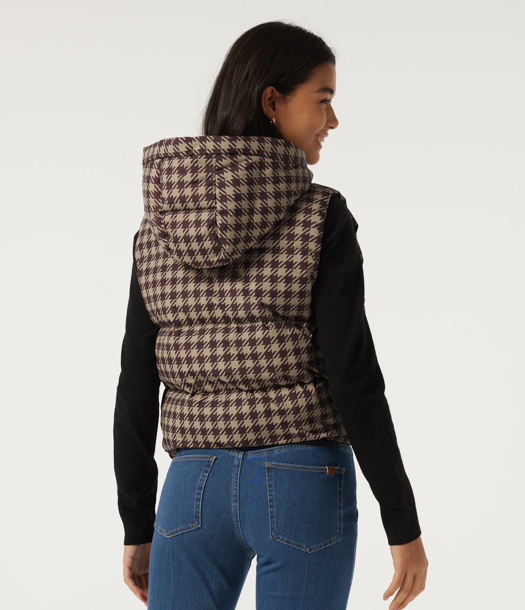 Hooded Quilted Print Casual Padded Vest with Pockets — Plum Jam Check — view 2