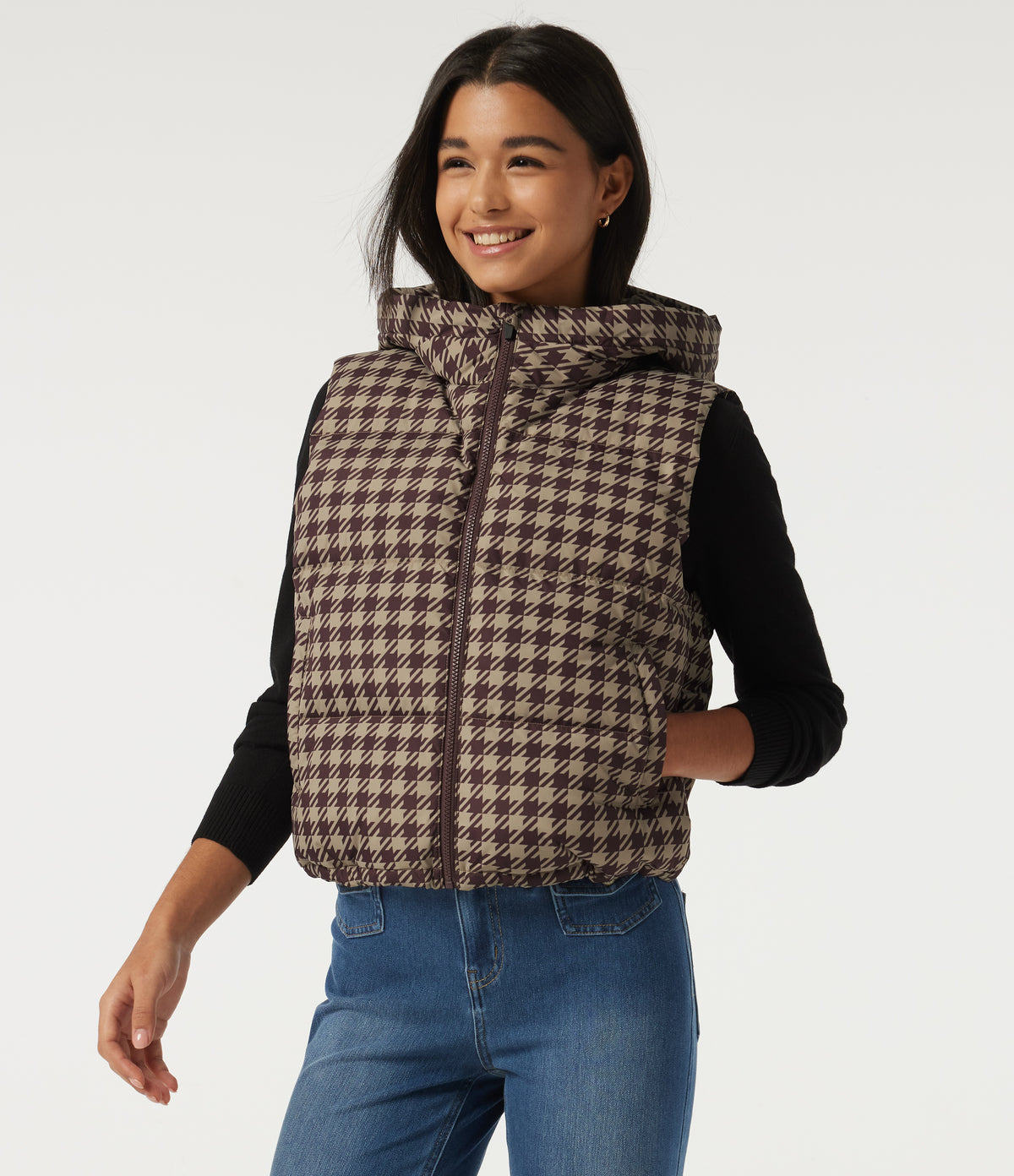 Hooded Quilted Print Casual Padded Vest with Pockets — Plum Jam Check — view 1