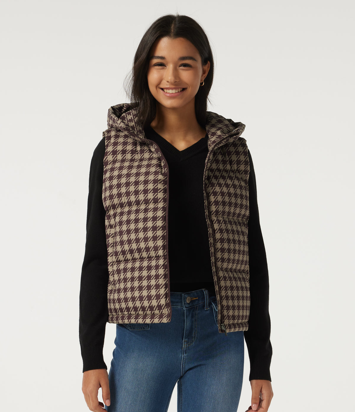 Hooded Quilted Print Casual Padded Vest with Pockets — Plum Jam Check — view 4