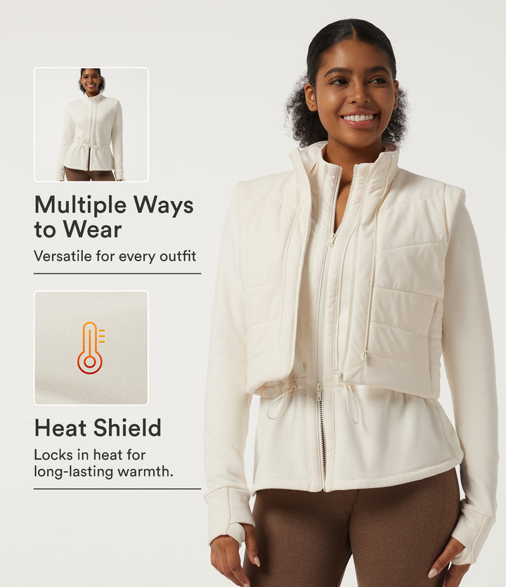 High Neck Long Sleeve Drawstring Fleece 2 in 1 Yoga Down Padded Jacket with Pockets and Thumbholes — Egret — view 1
