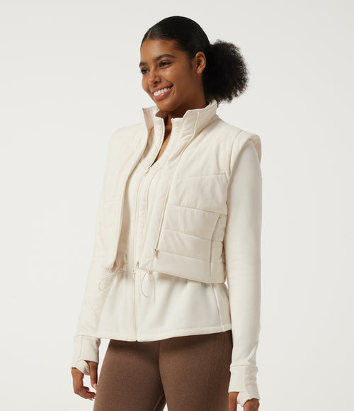 High Neck Long Sleeve Drawstring Fleece 2 in 1 Yoga Down Padded Jacket with Pockets and Thumbholes — Egret — view 3