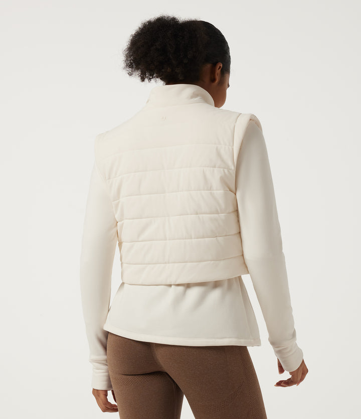 High Neck Long Sleeve Drawstring Fleece 2 in 1 Yoga Down Padded Jacket with Pockets and Thumbholes — Egret — view 2
