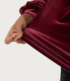 V Neck Long Sleeve Ruched Velvet Party Blouse — Sangria — view 7