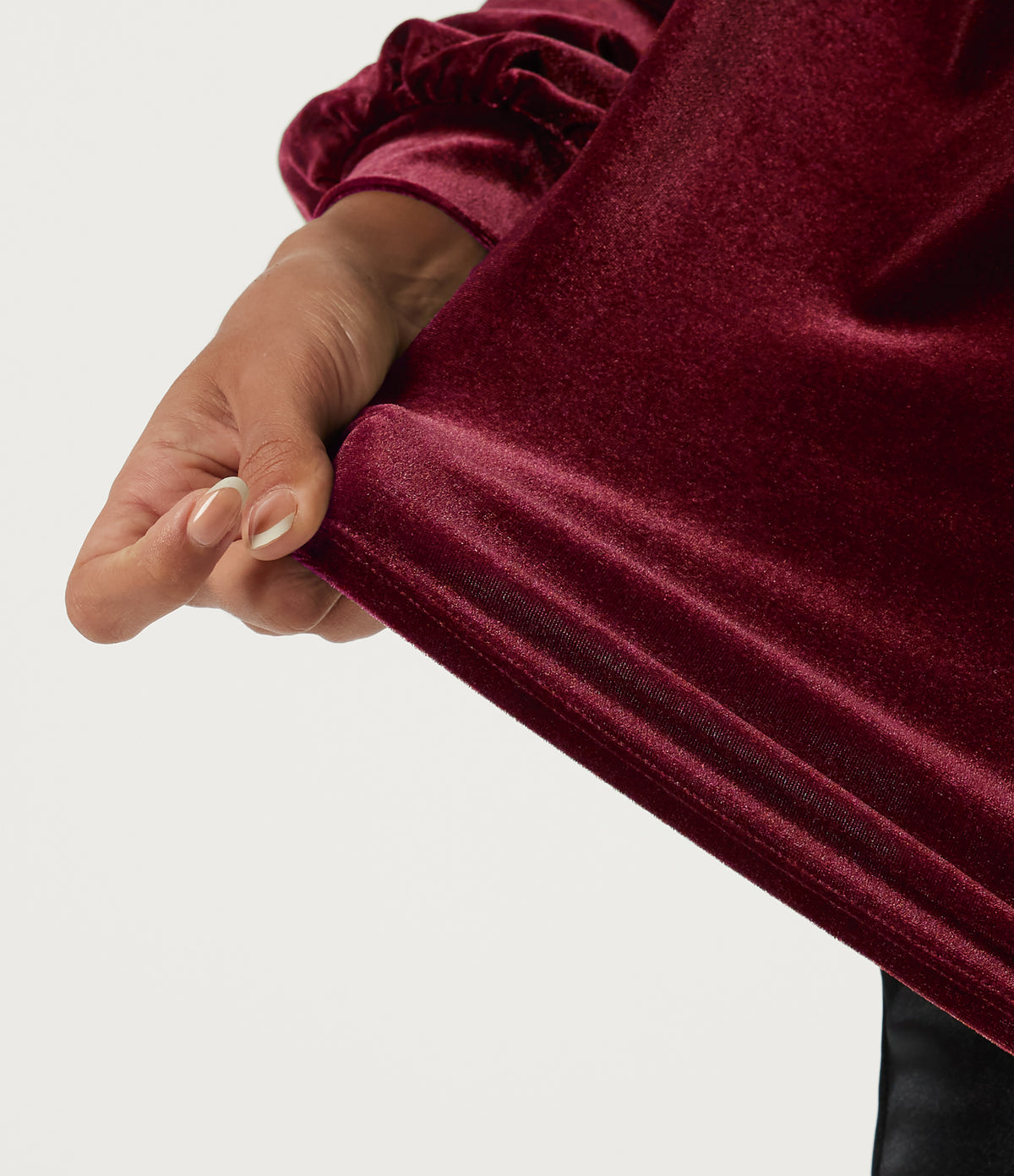 V Neck Long Sleeve Ruched Velvet Party Blouse — Sangria — view 7