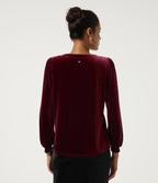 V Neck Long Sleeve Ruched Velvet Party Blouse — Sangria — view 2