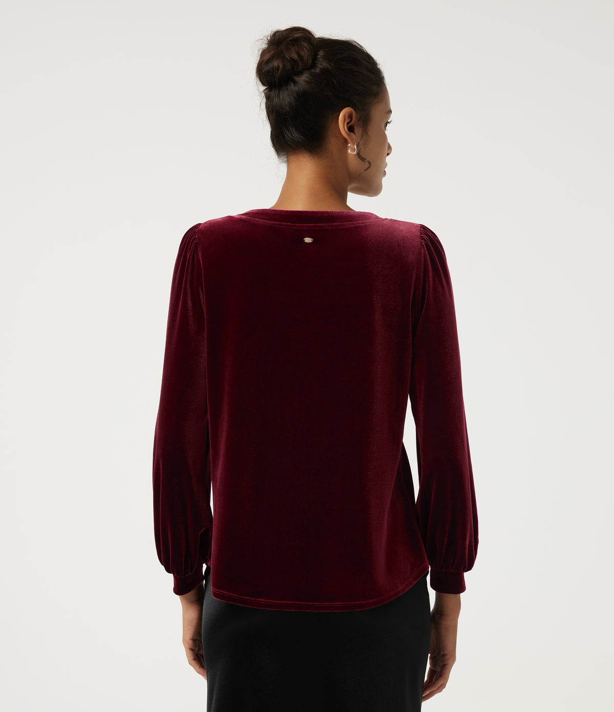 V Neck Long Sleeve Ruched Velvet Party Blouse — Sangria — view 2