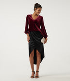 V Neck Long Sleeve Ruched Velvet Party Blouse — Sangria — view 8