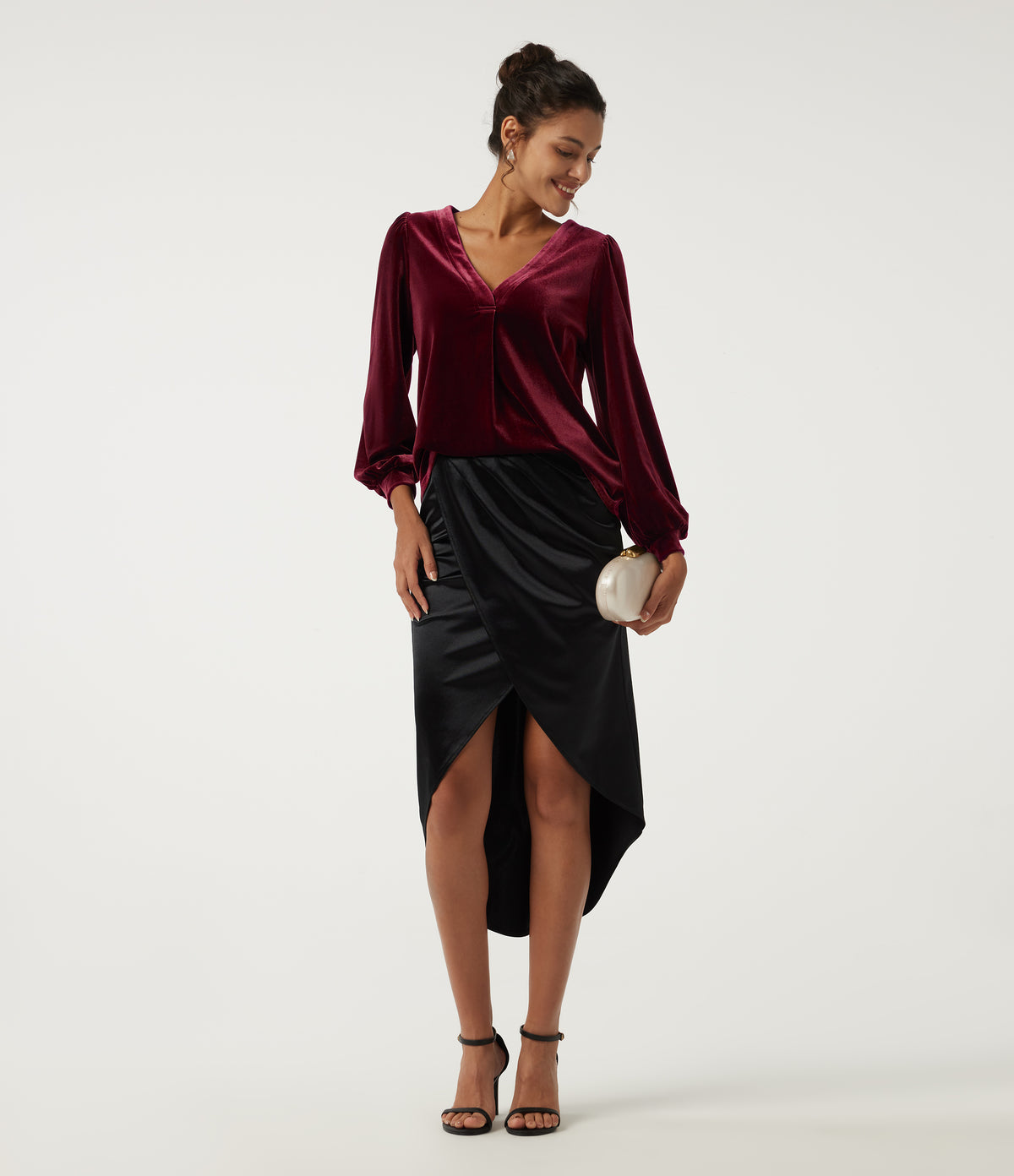 V Neck Long Sleeve Ruched Velvet Party Blouse — Sangria — view 8