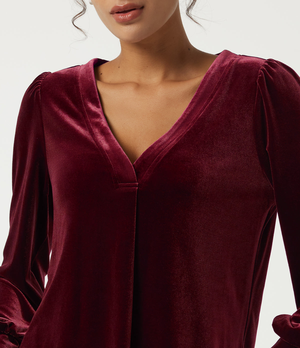 V Neck Long Sleeve Ruched Velvet Party Blouse — Sangria — view 5