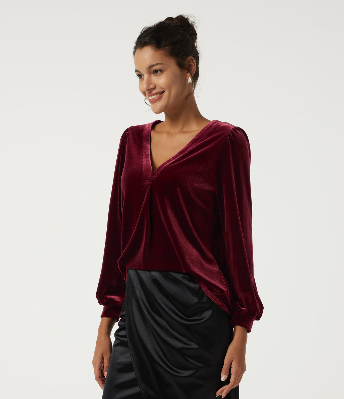 V Neck Long Sleeve Ruched Velvet Party Blouse — Sangria — view 3