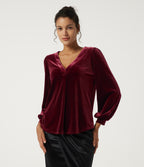 V Neck Long Sleeve Ruched Velvet Party Blouse — Sangria — view 1