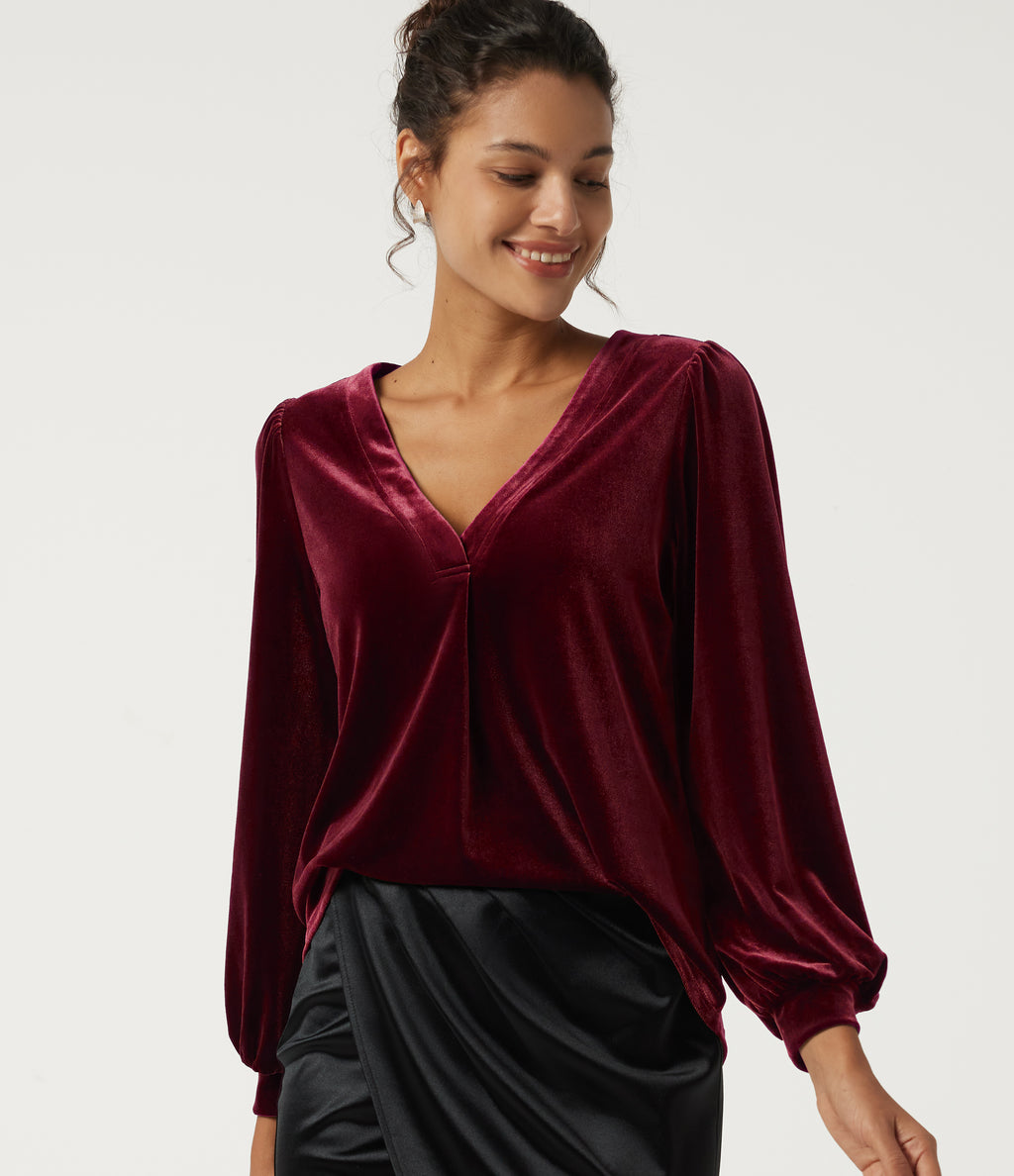 V Neck Long Sleeve Ruched Velvet Party Blouse — Sangria — view 4