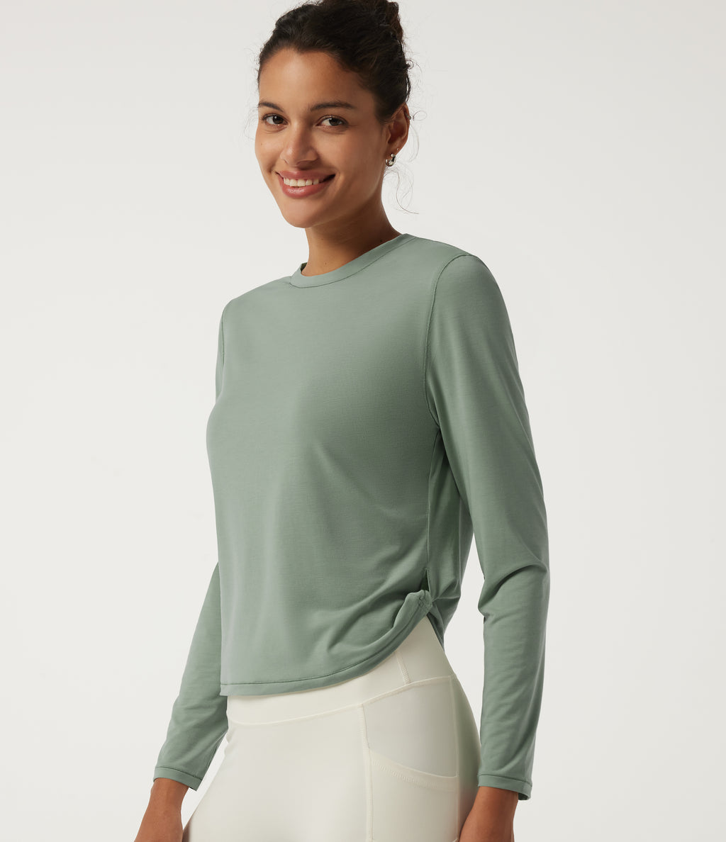 Round Neck Long Sleeve Curved Hem Quick Dry Yoga Sports Top — Iceberg Green — view 4