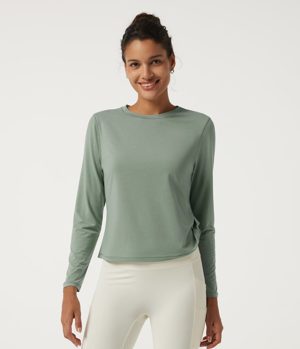 Round Neck Long Sleeve Curved Hem Quick Dry Yoga Sports Top — Iceberg Green — view 1