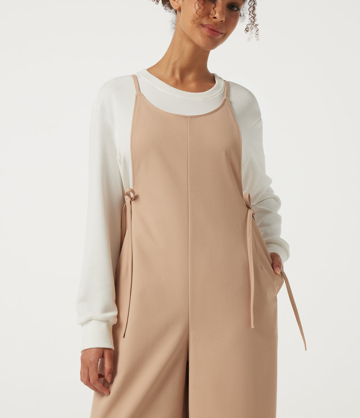 U Neck Sleeveless Drawstring Wide Leg Casual Dungarees with Pockets — Candied Ginger — view 4