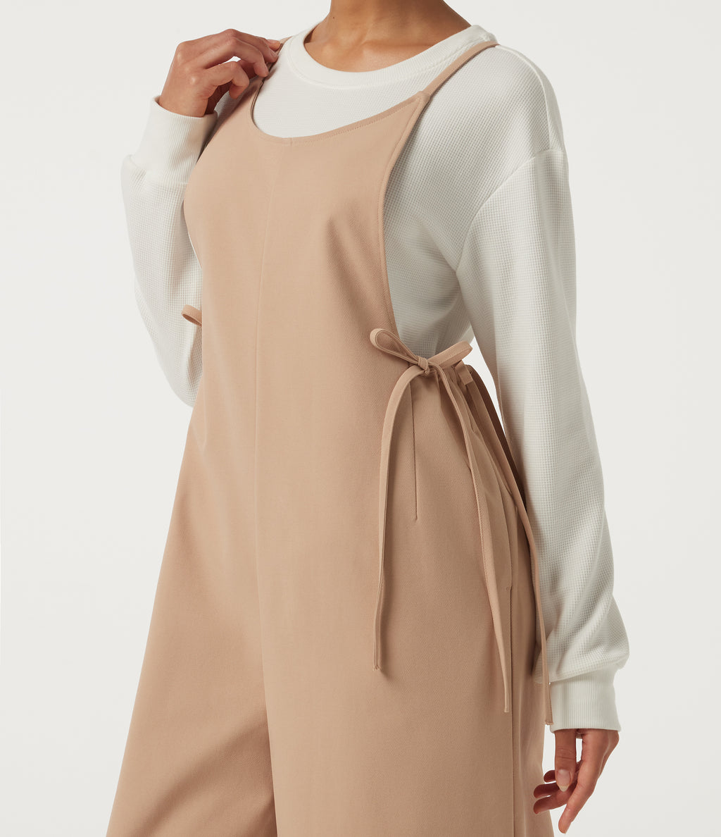 U Neck Sleeveless Drawstring Wide Leg Casual Dungarees with Pockets — Candied Ginger — view 6