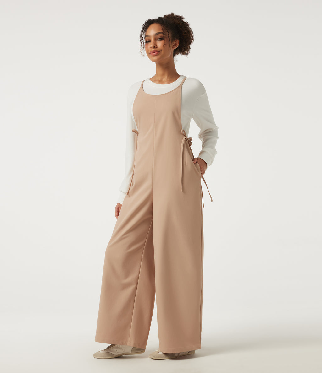 U Neck Sleeveless Drawstring Wide Leg Casual Dungarees with Pockets — Candied Ginger — view 1