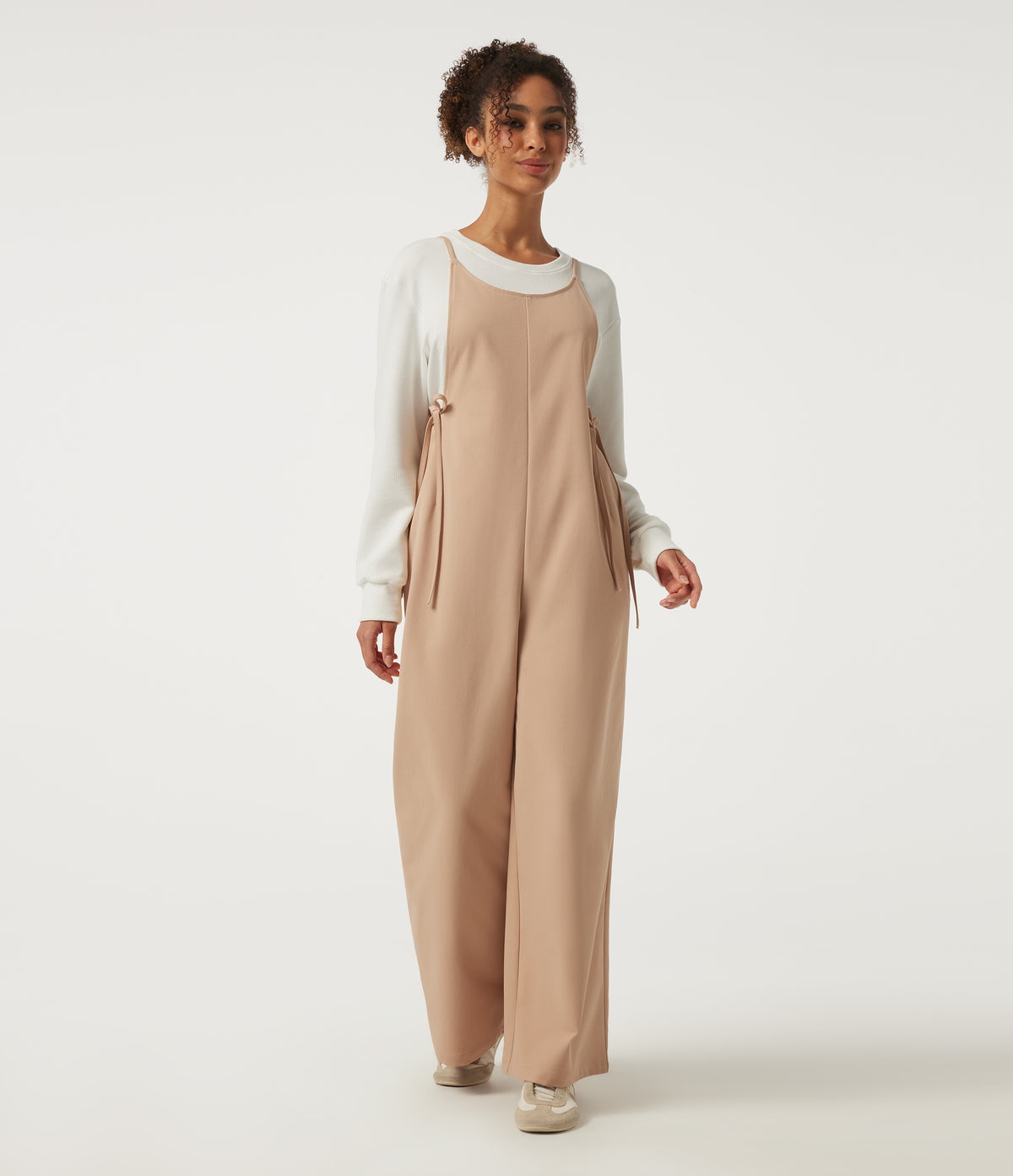 U Neck Sleeveless Drawstring Wide Leg Casual Dungarees with Pockets — Candied Ginger — view 3