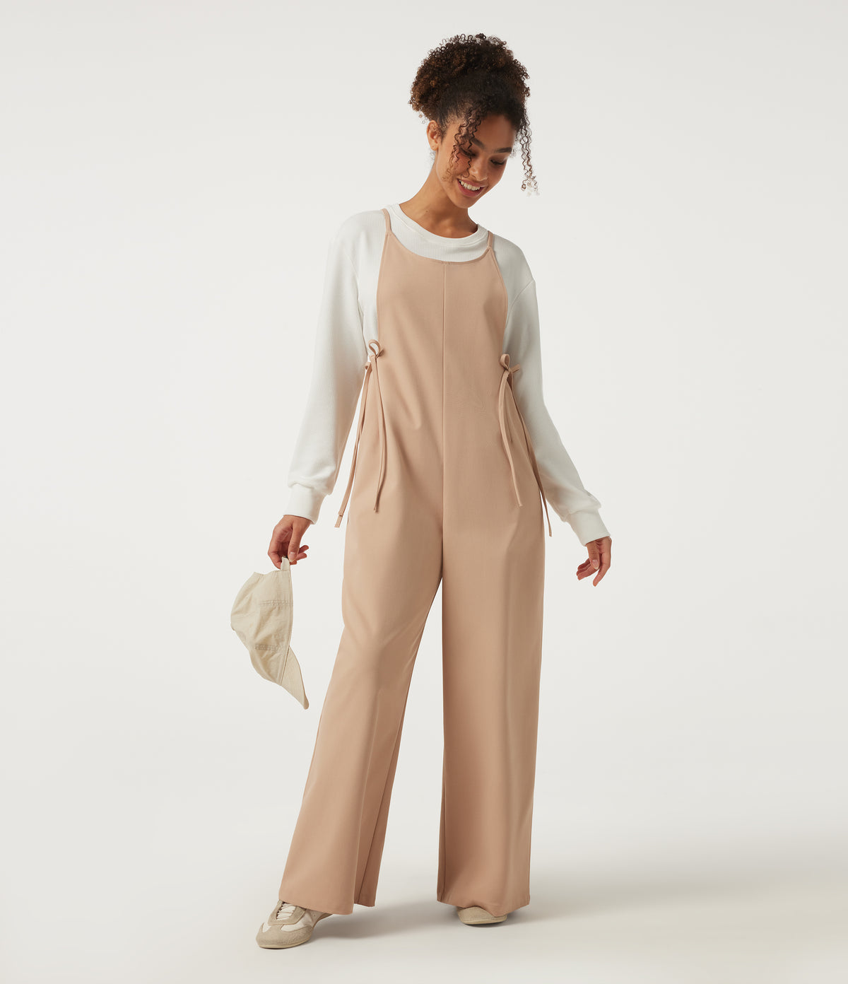 U Neck Sleeveless Drawstring Wide Leg Casual Dungarees with Pockets — Candied Ginger — view 8