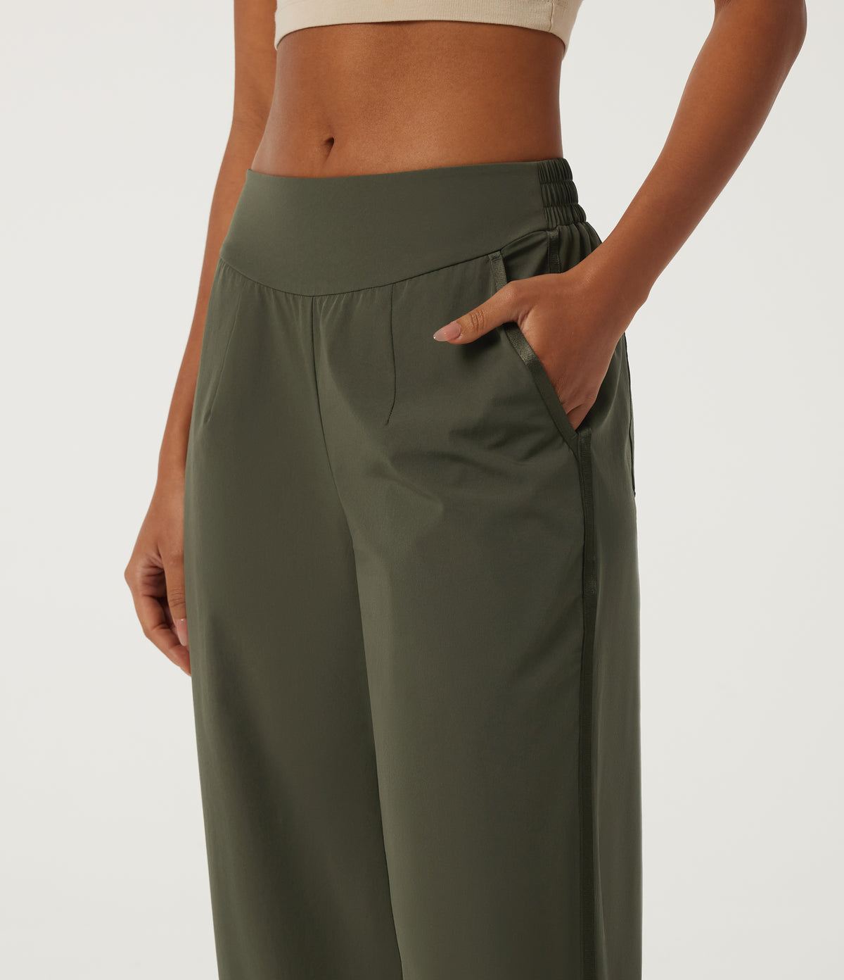 Low Rise Wide Leg Side Stripe Casual Trousers with Pockets — Twilight Green — view 4