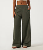 Low Rise Wide Leg Side Stripe Casual Trousers with Pockets — Twilight Green — view 1