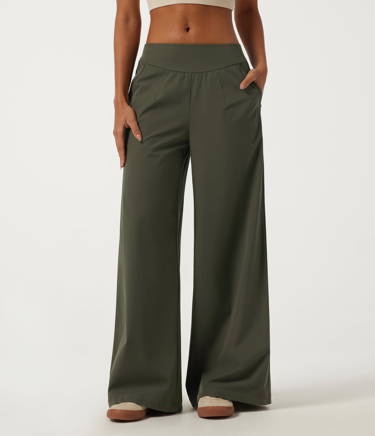 Low Rise Wide Leg Side Stripe Casual Trousers with Pockets — Twilight Green — view 1