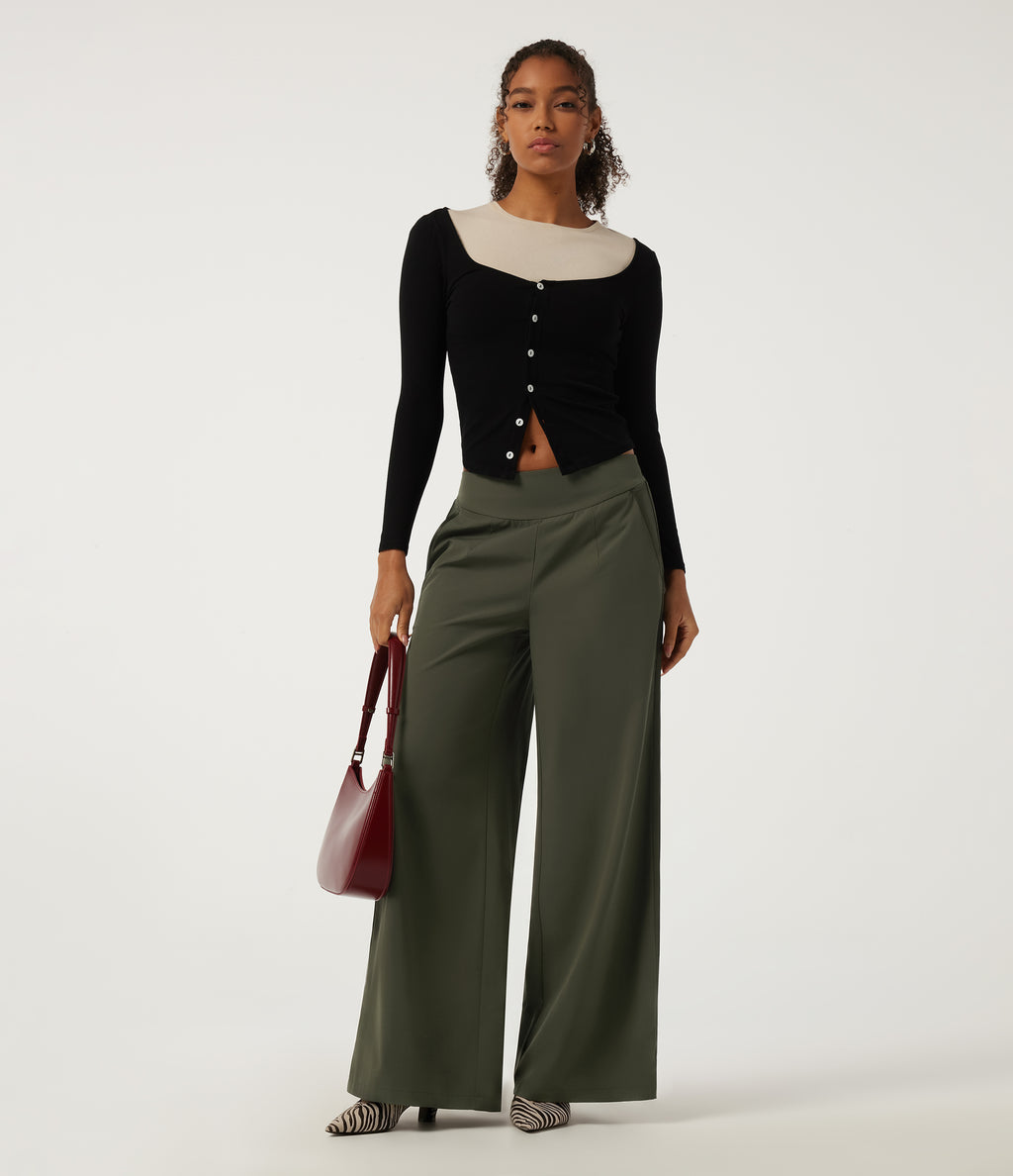 Low Rise Wide Leg Side Stripe Casual Trousers with Pockets — Twilight Green — view 6