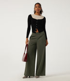 Low Rise Wide Leg Side Stripe Casual Trousers with Pockets — Twilight Green — view 6
