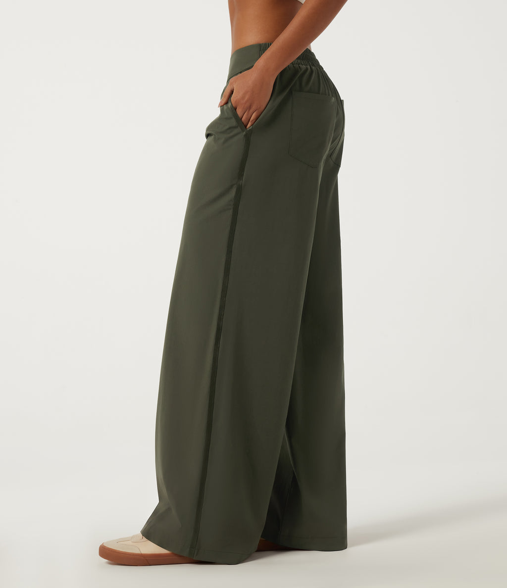 Low Rise Wide Leg Side Stripe Casual Trousers with Pockets — Twilight Green — view 3