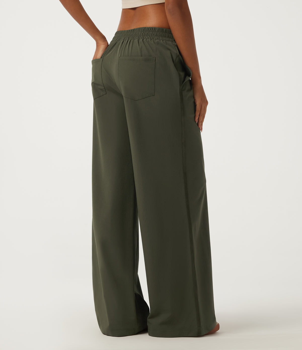 Low Rise Wide Leg Side Stripe Casual Trousers with Pockets — Twilight Green — view 2