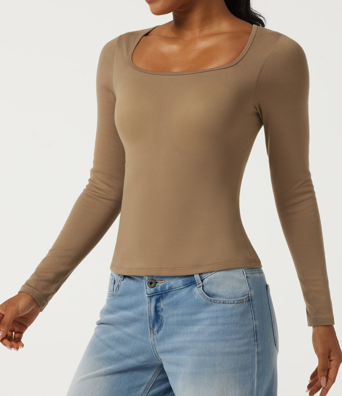 Square Neck Long Sleeve Casual Top with Built-in Bra for B-DD Cups — Amphora — view 8
