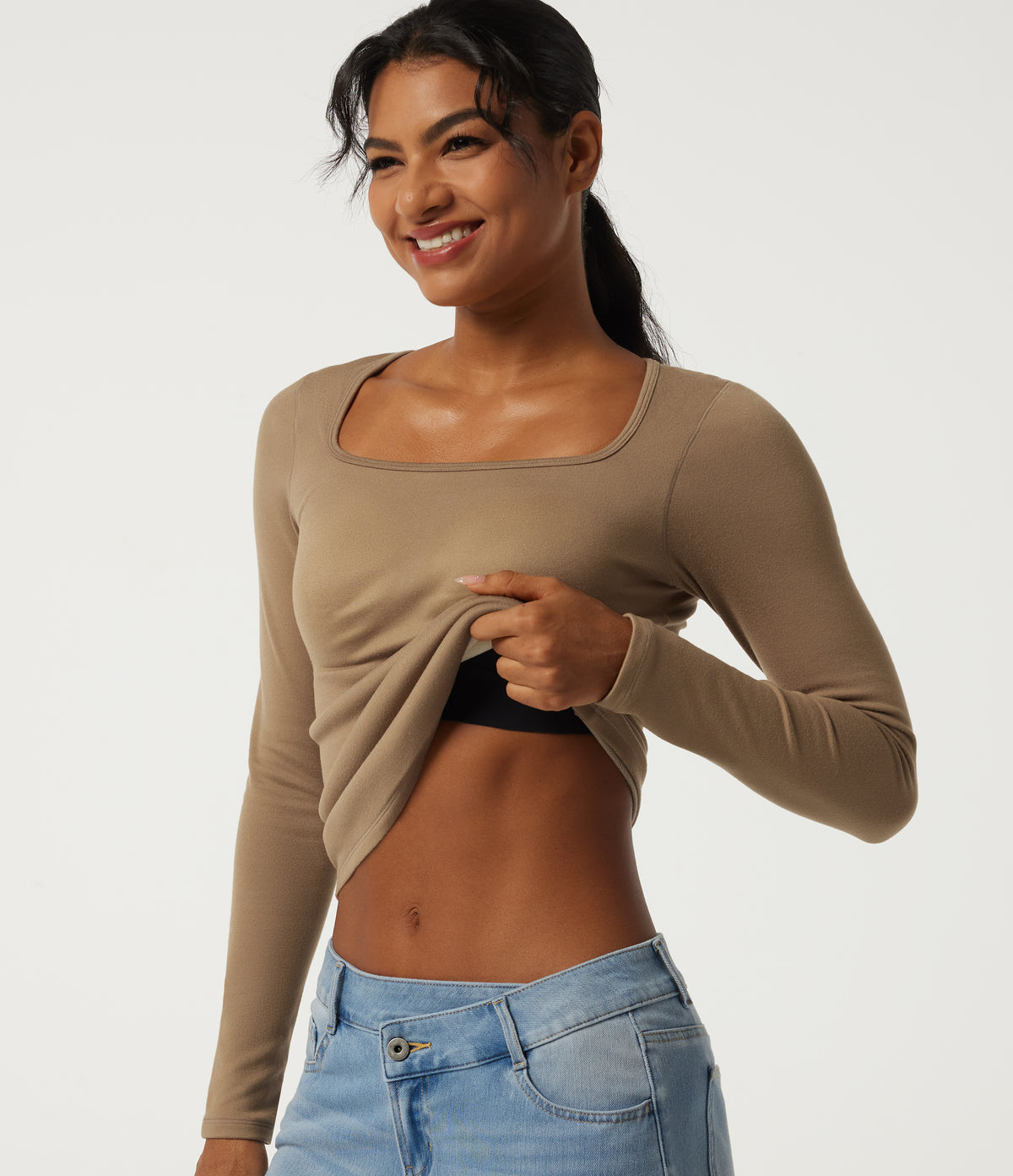 Square Neck Long Sleeve Casual Top with Built-in Bra for B-DD Cups — Amphora — view 5