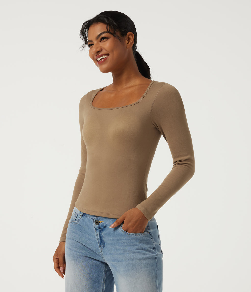 Square Neck Long Sleeve Casual Top with Built-in Bra for B-DD Cups — Amphora — view 4