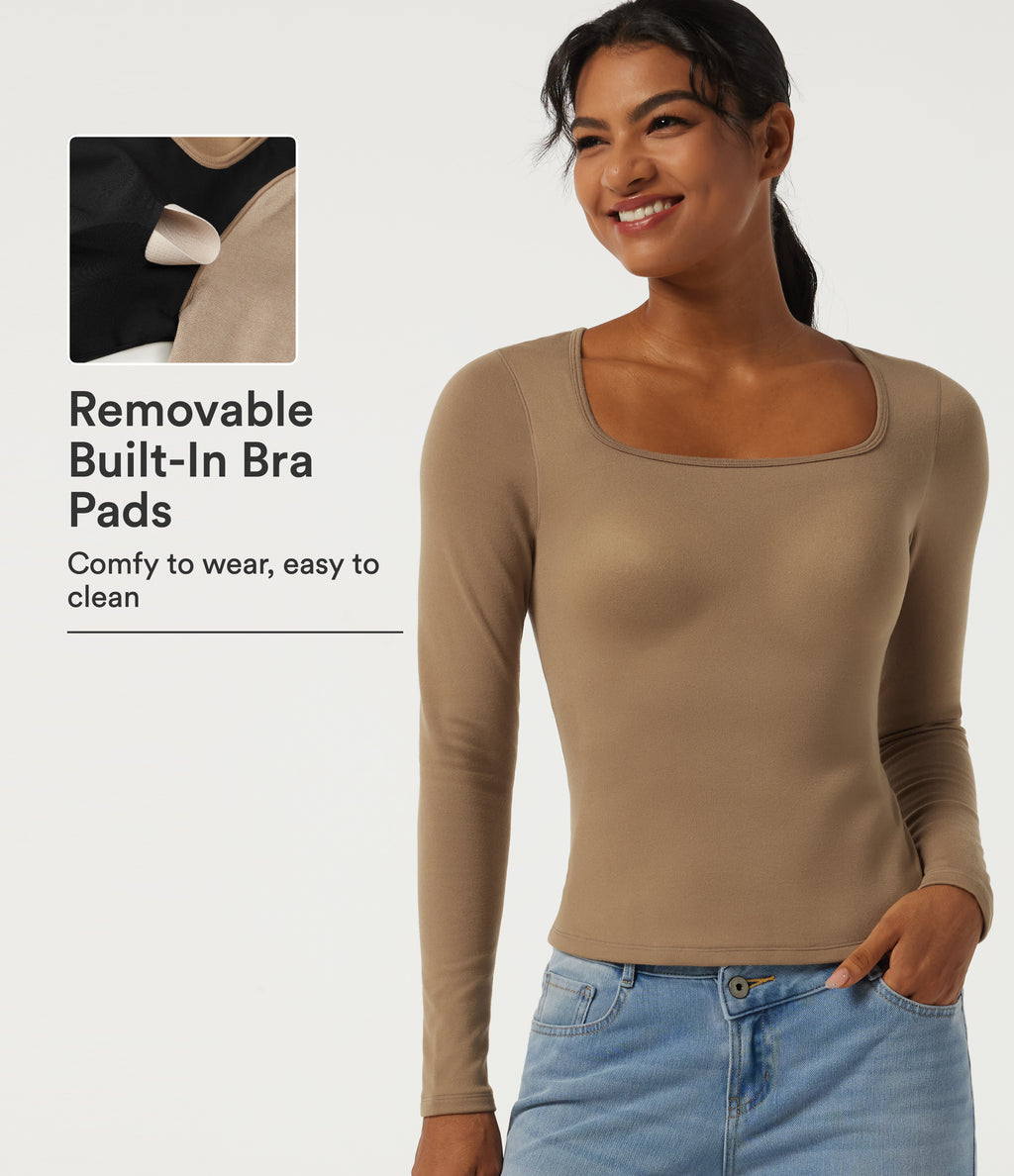 Square Neck Long Sleeve Casual Top with Built-in Bra for B-DD Cups — Amphora — view 1