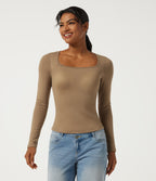 Square Neck Long Sleeve Casual Top with Built-in Bra for B-DD Cups — Amphora — view 3