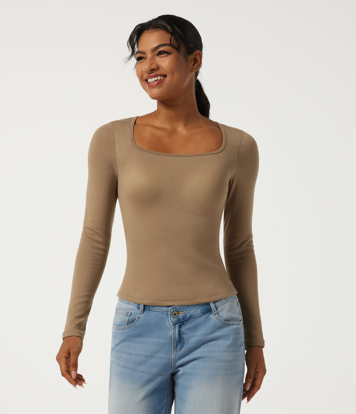 Square Neck Long Sleeve Casual Top with Built-in Bra for B-DD Cups — Amphora — view 3