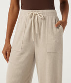 Ribbed Knit High Waisted Drawstring Straight Leg Casual Trousers with Pockets — Fog — view 4