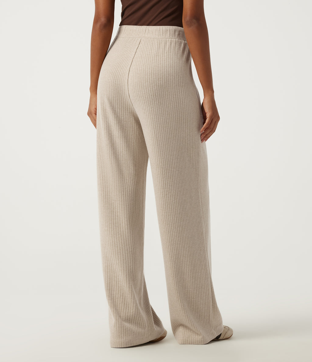 Ribbed Knit High Waisted Drawstring Straight Leg Casual Trousers with Pockets — Fog — view 2