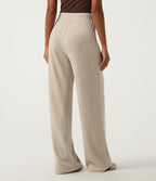 Ribbed Knit High Waisted Drawstring Straight Leg Casual Trousers with Pockets — Fog — view 2