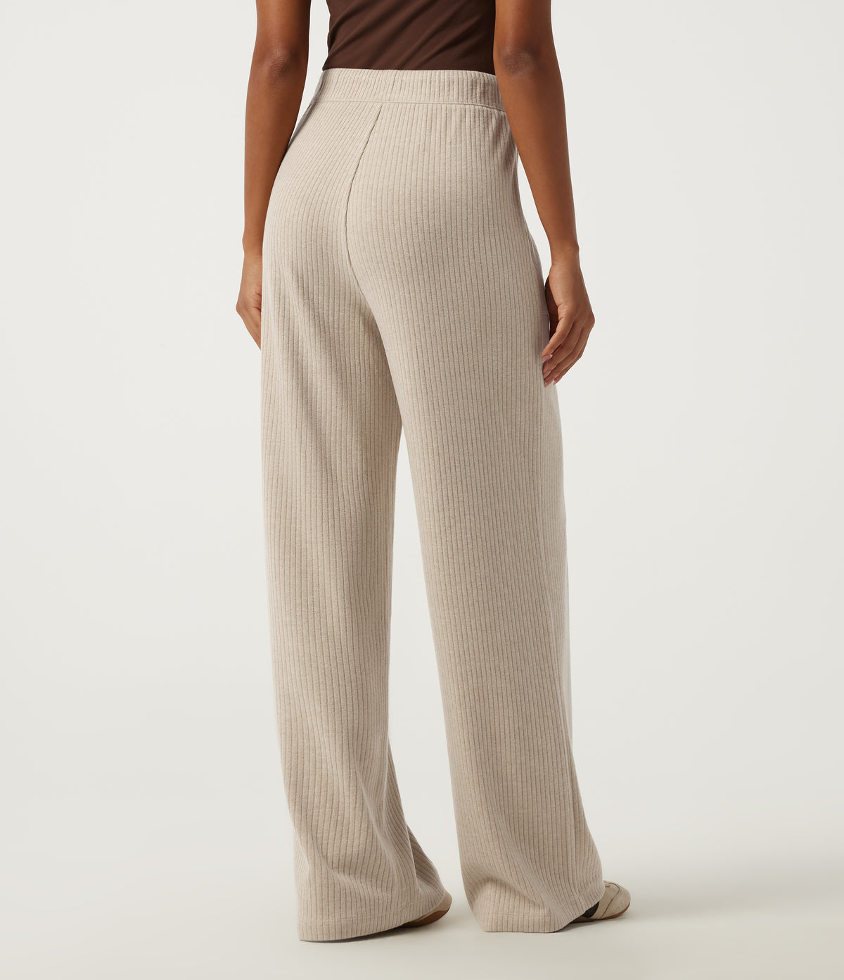 Ribbed Knit High Waisted Drawstring Straight Leg Casual Trousers with Pockets — Fog — view 2