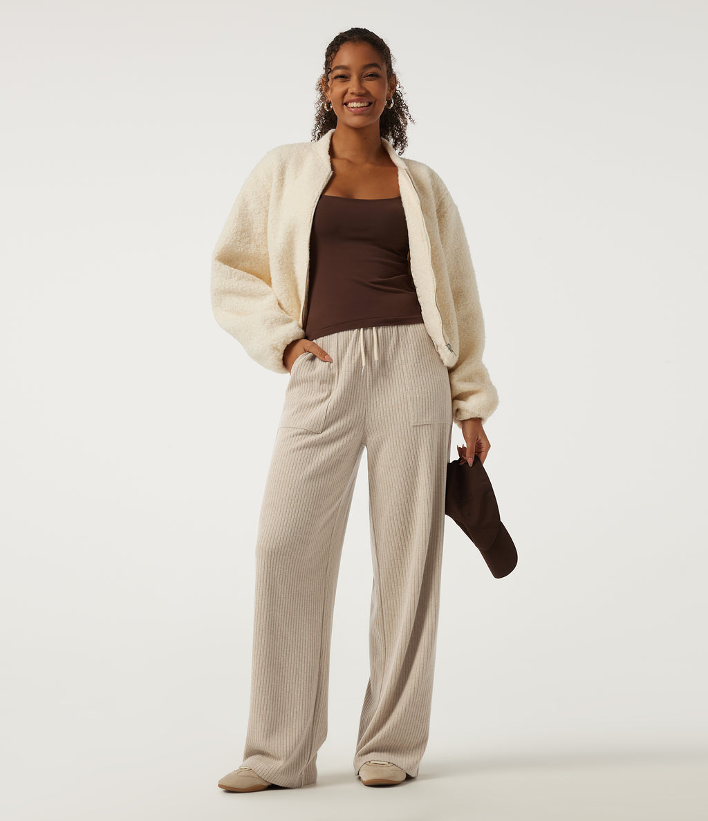 Ribbed Knit High Waisted Drawstring Straight Leg Casual Trousers with Pockets — Fog — view 6
